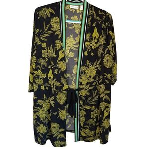 Susan Graver Womens Size L Liquid Knit Tie Front Kimono Top Floral Black Green